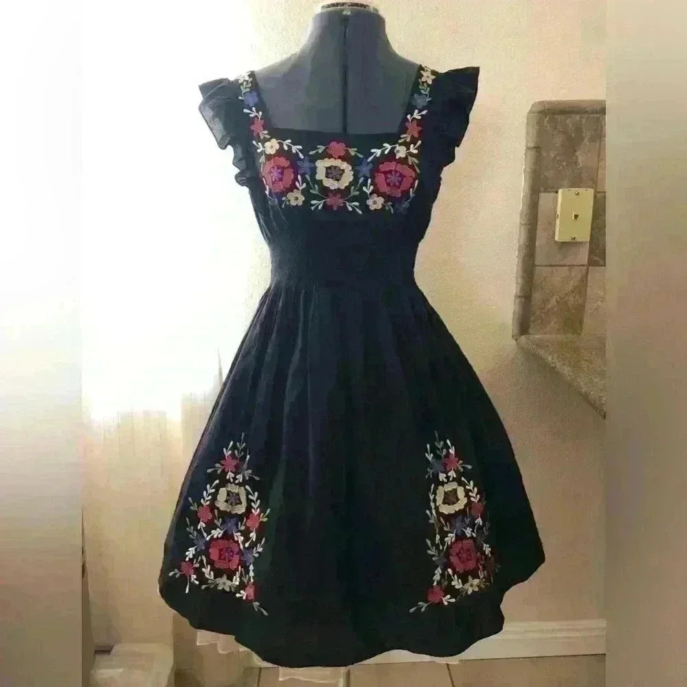VTG Speed Control New York Black Embroidered Dress Women M - Picture 4 of 12